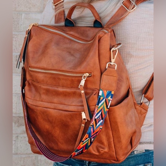 Boho Convertible Backpack Purse — Vegan Leather Camel Tan Bag with Aztec Strap - Picture 1 of 15